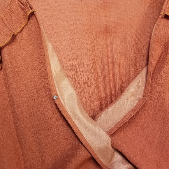 & Merci Woman SzL Romper Ruffle Long Sleeve Drawstring Waist V Neck Burnt Orange - Picture 6 of 13